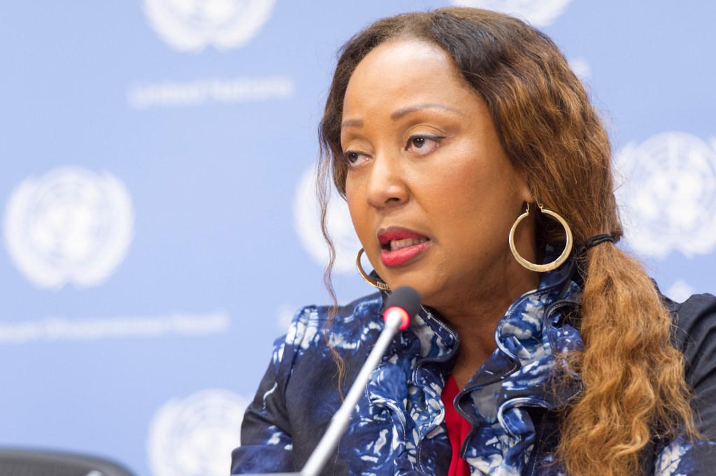 Nafissatou J. Diop, Senior UNFPA Adviser and Coordinator of the UNFPA-UNICEF Joint Programme on Female Genital Mutilation, addresses a press conference on the subject of engaging health workers to end (FGM). The press conference took place on the International Day of Zero Tolerance of Female Genital Mutilation (6 February).