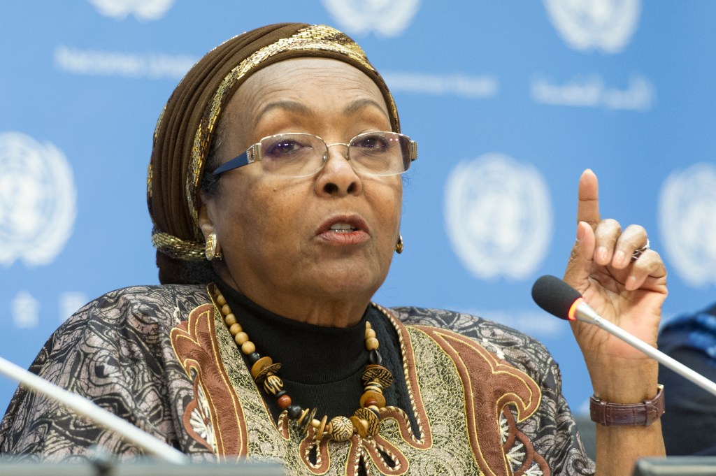 Edna Adan Ismail (centre), Nurse-Midwife, Director and Founder of the Edna Adan Maternity Hospital in Hargeisa, Somaliland, addresses a press conference on the subject of engaging health workers to end Female Genital Mutilation (FGM). The press conference took place on the International Day of Zero Tolerance of Female Genital Mutilation (6 February).