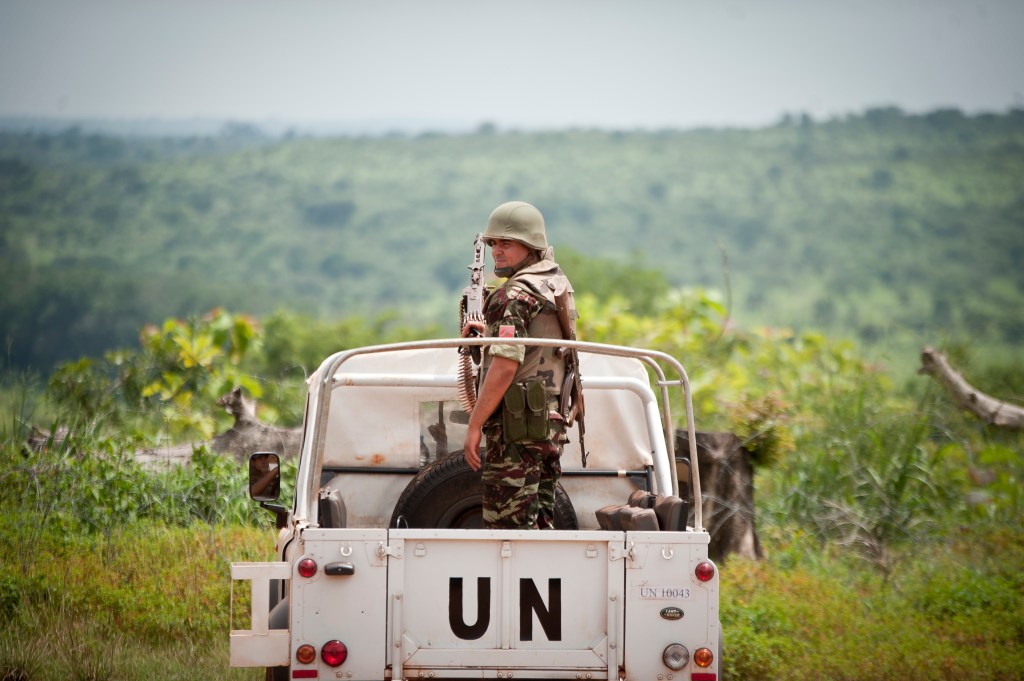 Moroccan peacekeepers serving with the UN Multidimensional Integrated Stabilization Mission in the Central African Republic (MINUSCA) escort a UN delegation  in Bambari, 400 km northeast of Bangui, on 20 June 2014. Fighting broke out in CAR when the mainly Muslim Seleka alliance seized power in a coup in March 2013. UN agencies estimate that 2 million people, almost half of the population, are in need of assistance. The Security Council voted on 10 April 2014 to send 12,000 peacekeepers to help return order to CAR.  UN Photo/Catianne Tijerina